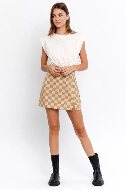 Checkerboard Print Slit Mini Skirt TAUPE CHECK S by LE LIS | Fleurcouture