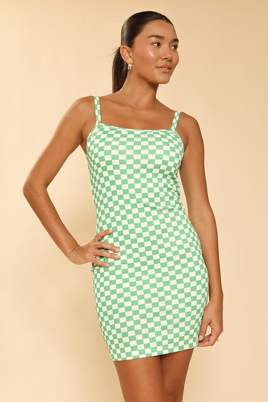 Checkered rib knit tank top dress Green S by Miss Sparkling | Fleurcouture
