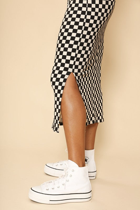 Checkered ribbed mock neck midi dress BLACK MULTI by Miss Sparkling | Fleurcouture