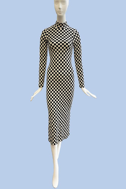 Checkered ribbed mock neck midi dress BLACK MULTI by Miss Sparkling | Fleurcouture