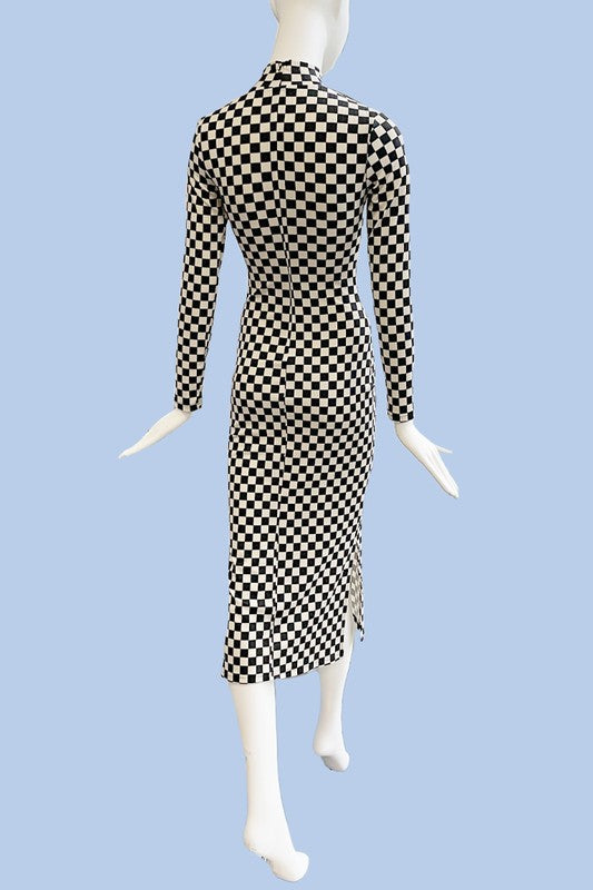 Checkered ribbed mock neck midi dress BLACK MULTI by Miss Sparkling | Fleurcouture
