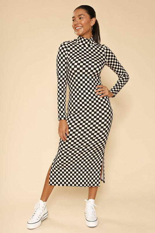 Checkered ribbed mock neck midi dress BLACK MULTI S by Miss Sparkling | Fleurcouture