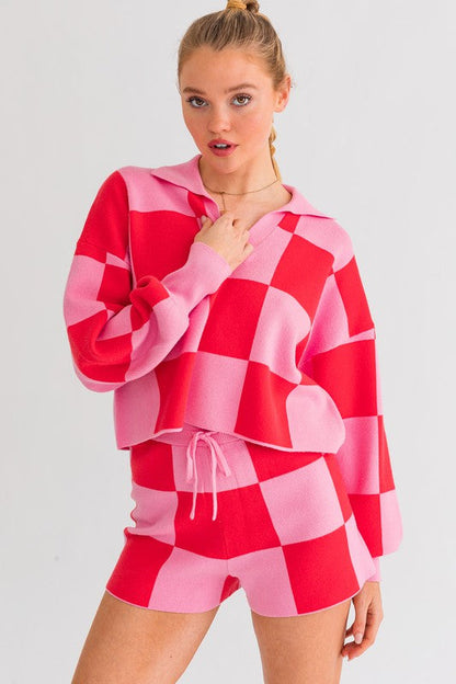 Checkered Sweater Pullover PINK-MAGENTA M by LE LIS | Fleurcouture