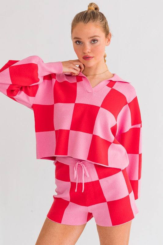 Checkered Sweater Pullover PINK-MAGENTA M by LE LIS | Fleurcouture