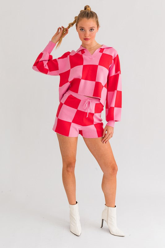 Checkered Sweater Pullover PINK-MAGENTA M by LE LIS | Fleurcouture