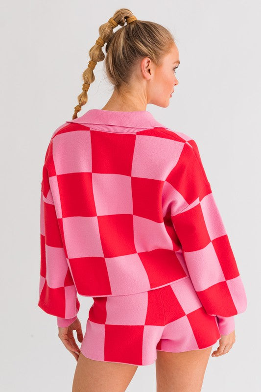 Checkered Sweater Pullover PINK-MAGENTA M by LE LIS | Fleurcouture