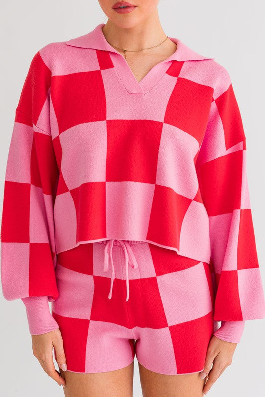 Checkered Sweater Pullover PINK-MAGENTA M by LE LIS | Fleurcouture