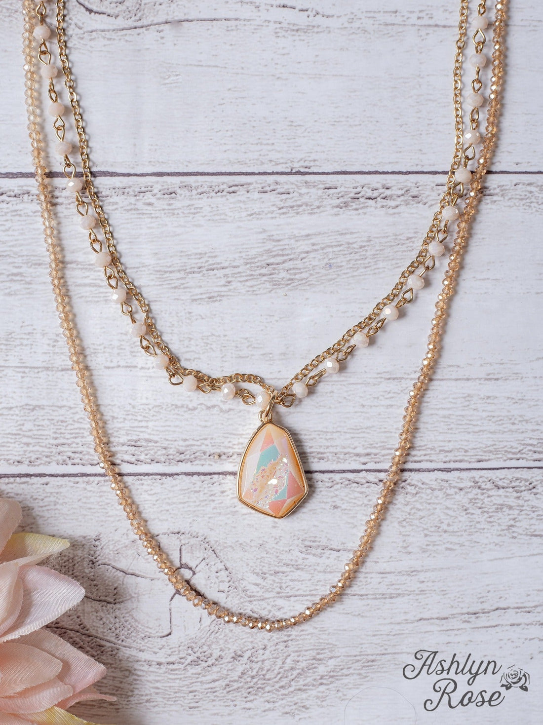 Cheers To Forever Iridescent Stone Pendant Pastel Pink Layered Necklace Gold One Size Necklace by Grace & Emma | Fleurcouture