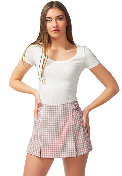 Chequered Skort With Buckles Pink L by Rag Company | Fleurcouture