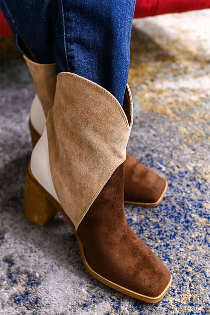 Chestnut Colorblock Suede Heeled Ankle Booties 100%Polyester+100%TPR Shoes &amp; Bags by Fleurcouture | Fleurcouture