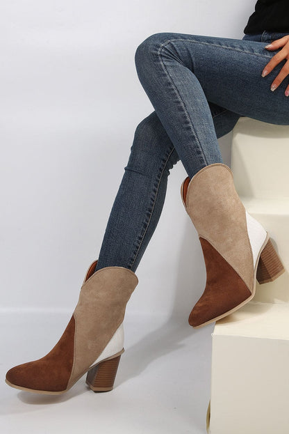 Chestnut Colorblock Suede Heeled Ankle Booties 100%Polyester+100%TPR Shoes &amp; Bags by Fleurcouture | Fleurcouture
