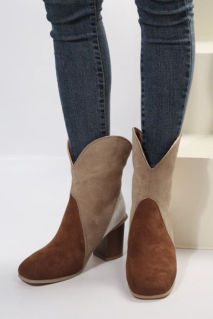 Chestnut Colorblock Suede Heeled Ankle Booties 100%Polyester+100%TPR Shoes &amp; Bags by Fleurcouture | Fleurcouture