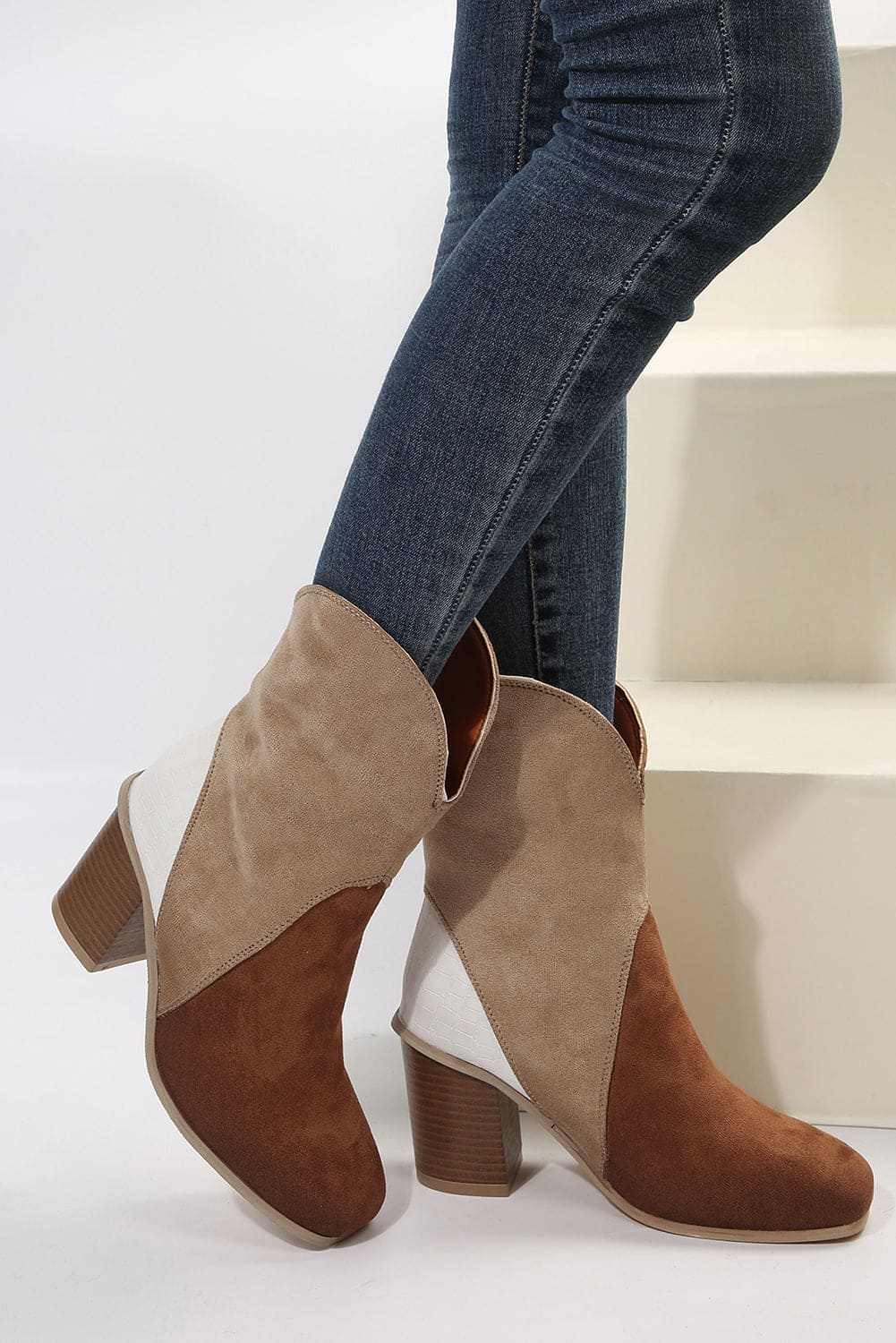 Chestnut Colorblock Suede Heeled Ankle Booties 100%Polyester+100%TPR Shoes &amp; Bags by Fleurcouture | Fleurcouture