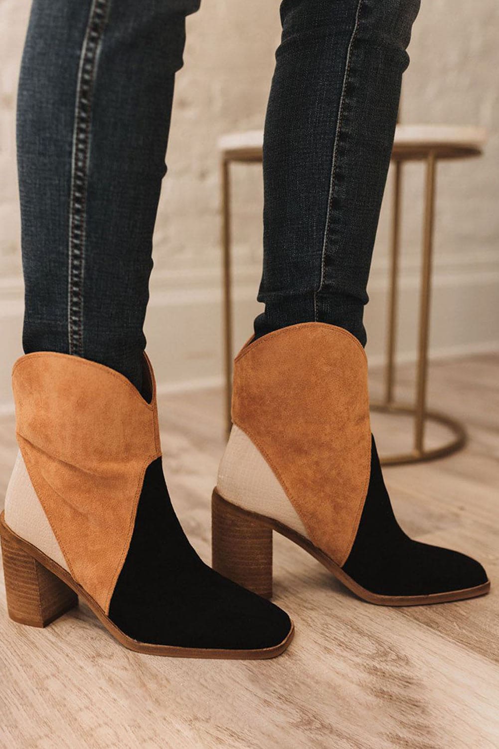 Chestnut Colorblock Suede Heeled Ankle Booties 100%Polyester+100%TPR Shoes &amp; Bags by Fleurcouture | Fleurcouture