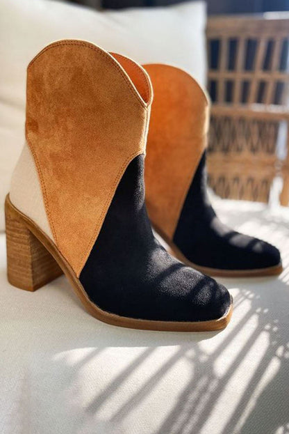 Chestnut Colorblock Suede Heeled Ankle Booties 100%Polyester+100%TPR Shoes &amp; Bags by Fleurcouture | Fleurcouture