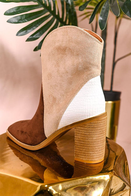 Chestnut Colorblock Suede Heeled Ankle Booties 100%Polyester+100%TPR Shoes &amp; Bags by Fleurcouture | Fleurcouture
