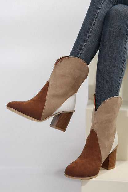Chestnut Colorblock Suede Heeled Ankle Booties 100%Polyester+100%TPR Shoes &amp; Bags by Fleurcouture | Fleurcouture