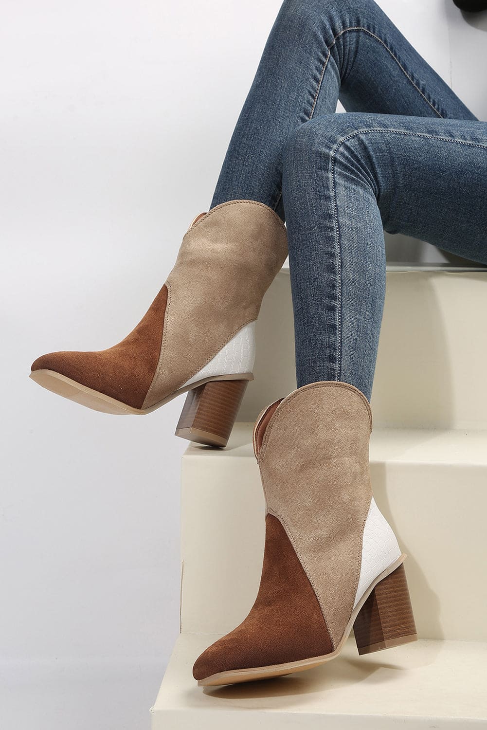 Chestnut Colorblock Suede Heeled Ankle Booties 100%Polyester+100%TPR Shoes &amp; Bags by Fleurcouture | Fleurcouture