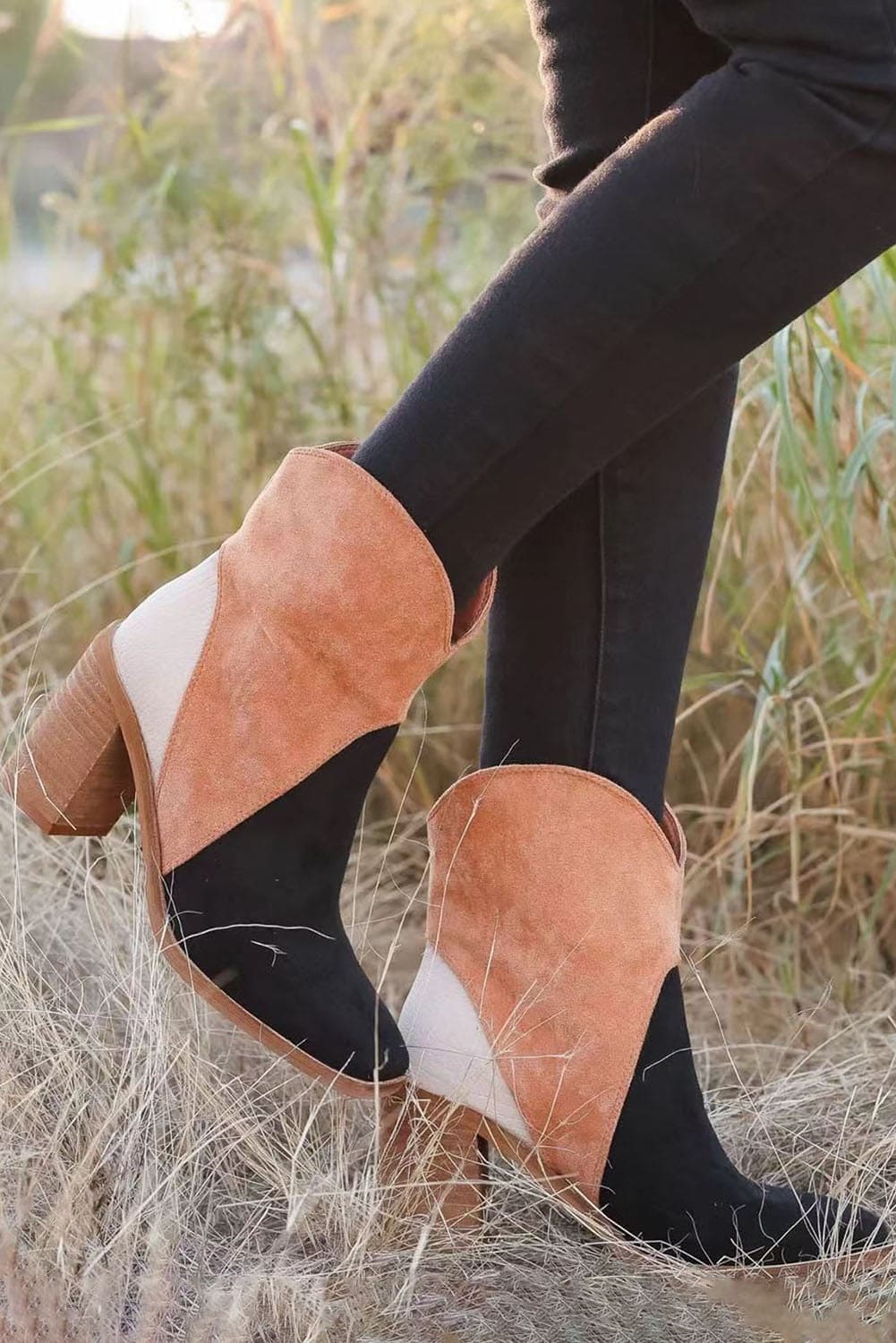 Chestnut Colorblock Suede Heeled Ankle Booties Black 37 100%Polyester+100%TPR Shoes &amp; Bags by Fleurcouture | Fleurcouture