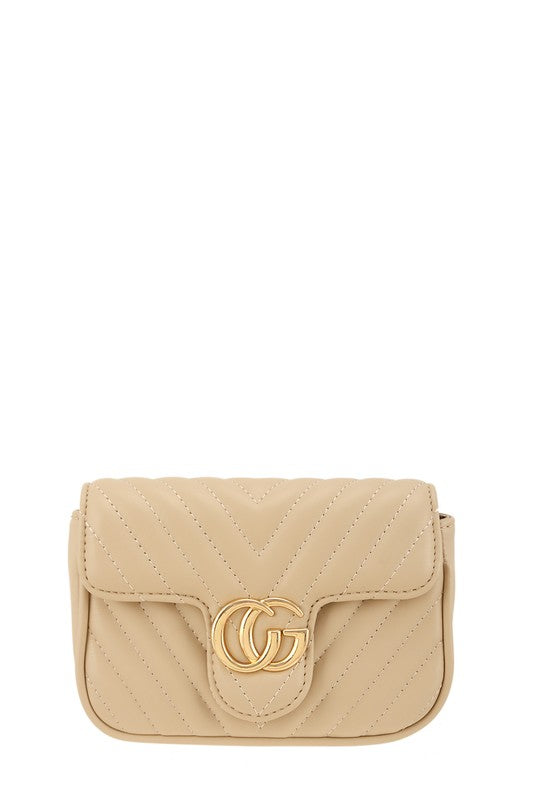 Chevron Quilted CG Buckle Crossbody Bag BEIGE OS by ICCO ACCESSORIES | Fleurcouture