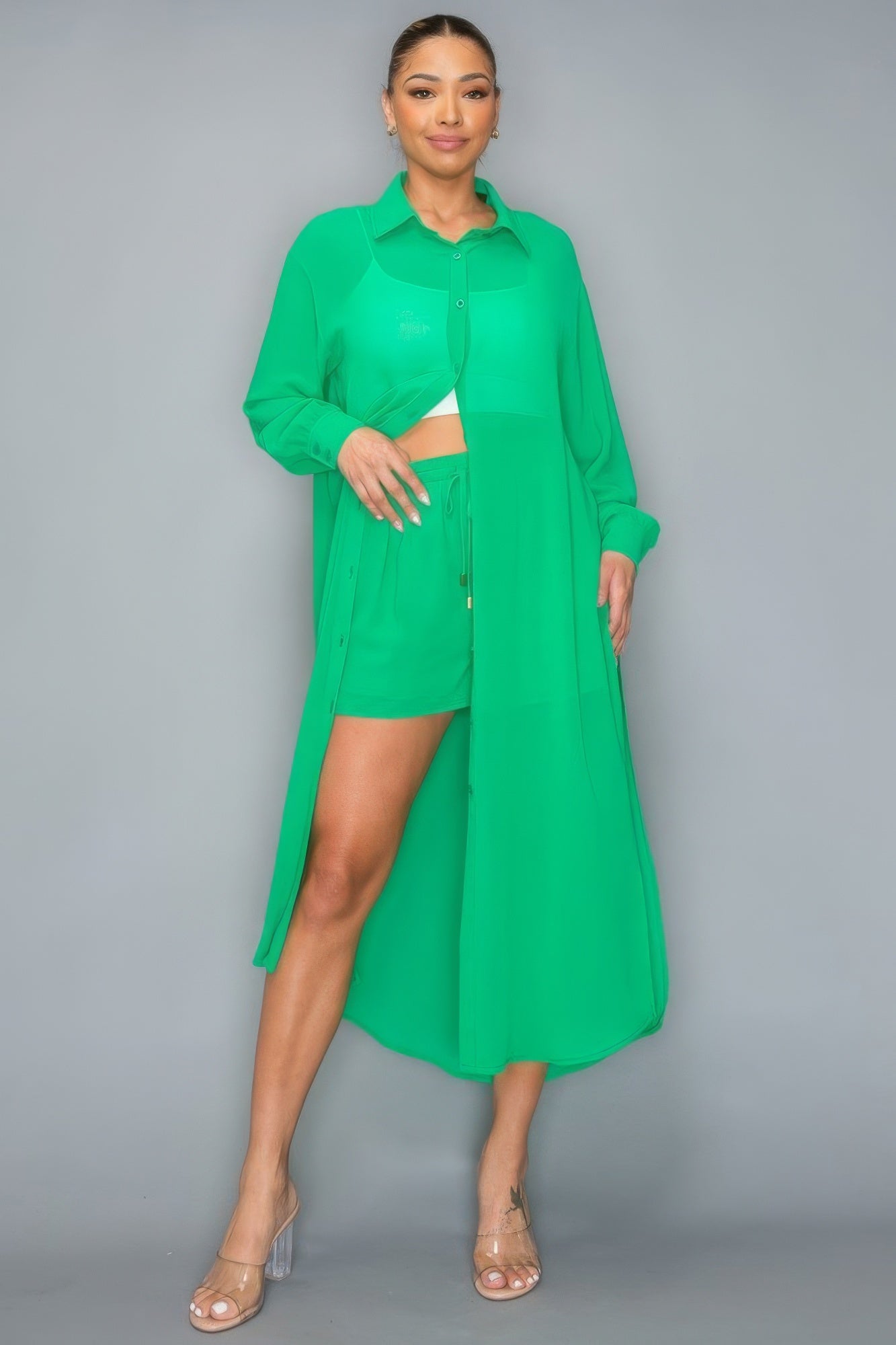 Chiffon Button Down Long Sleeve Side Slit Long Top With Short Set by Fleurcouture | Fleurcouture