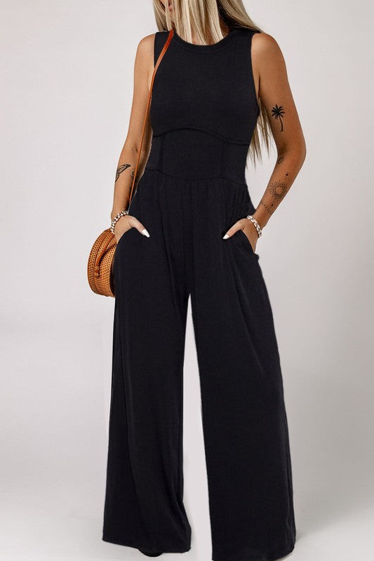 Cinched Waist Sleeveless Wide Leg Jumpsuit BLACK SW6413212-P2 S by SHEWIN INC. | Fleurcouture