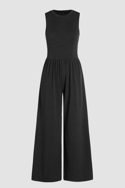 Cinched Waist Sleeveless Wide Leg Jumpsuit BLACK SW6413212-P2 by SHEWIN INC. | Fleurcouture