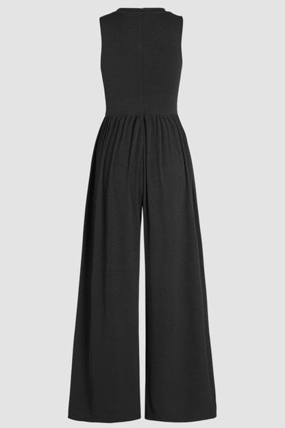 Cinched Waist Sleeveless Wide Leg Jumpsuit BLACK SW6413212-P2 by SHEWIN INC. | Fleurcouture