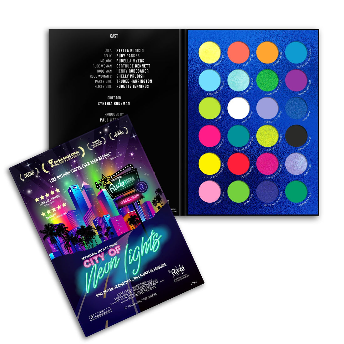 City of Neon Lights 24 Vibrant Pigment &amp; Eyeshadow Palette Display Set, 24pcs Wholesale Set by Rude Cosmetics | Fleurcouture