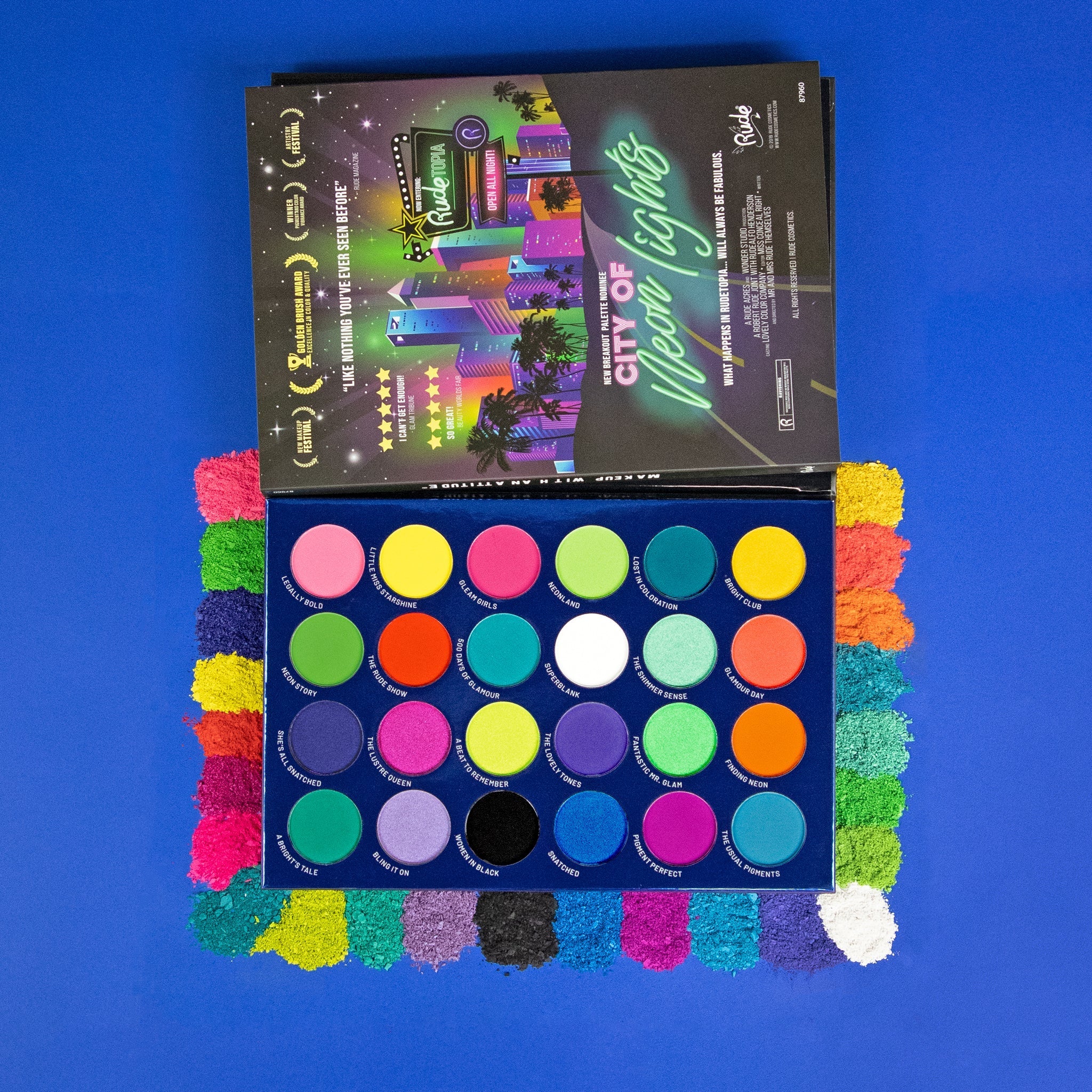 City of Neon Lights - 24 Vibrant Pigment &amp; Eyeshadow Palette Eyeshadow Palette by Rude Cosmetics | Fleurcouture