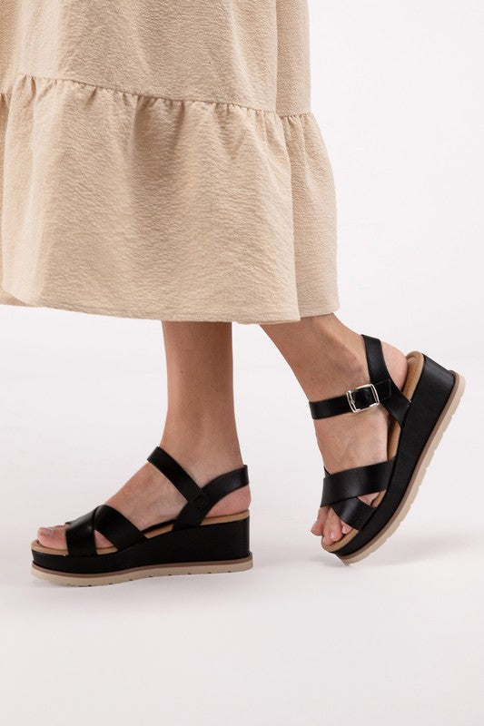 Clever-S Cross Strap Wedge Sandals Black 5.5 by Fortune Dynamic | Fleurcouture