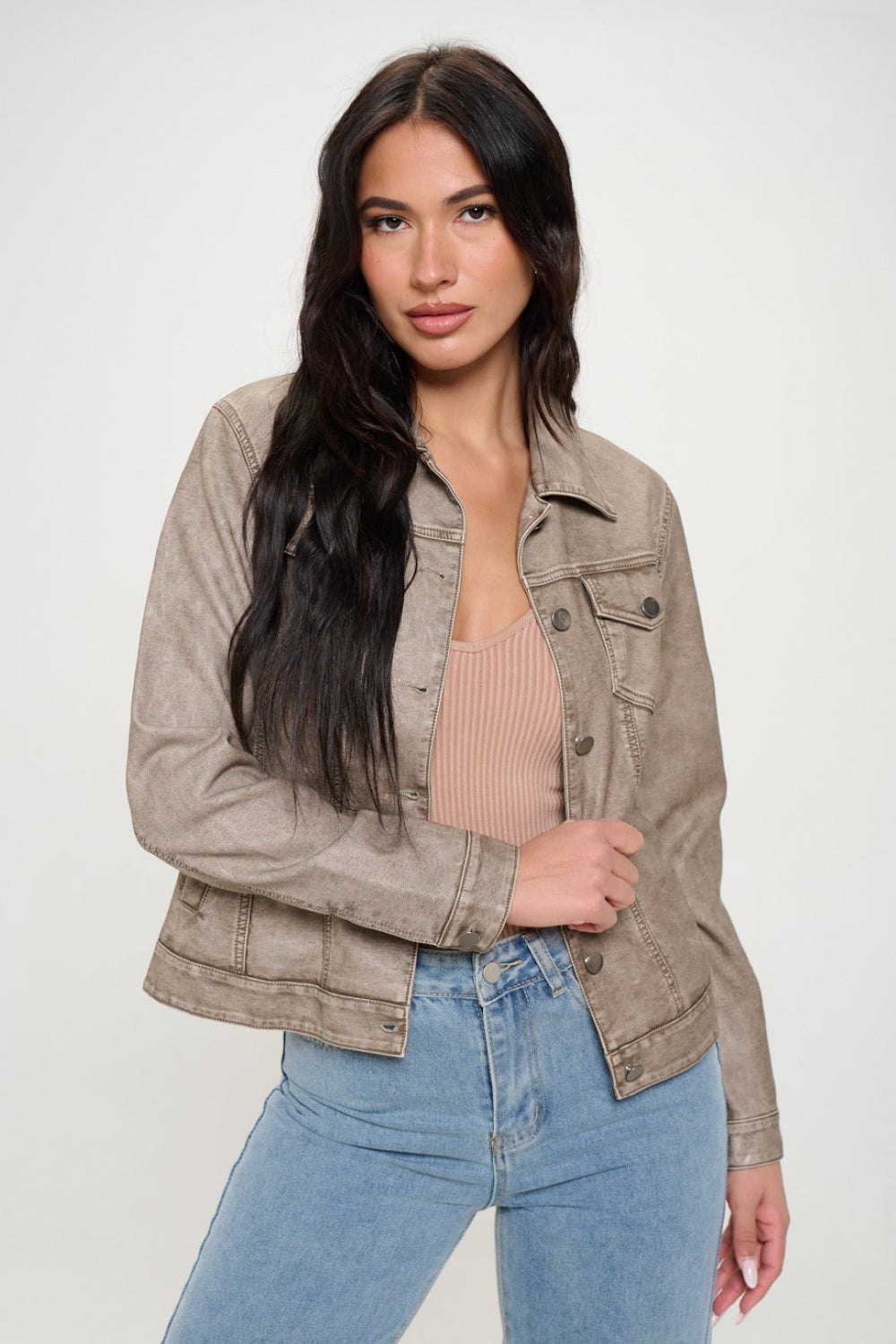 Coalition LA Button Down Cargo Vegan Leather Shacket Khaki S Women&