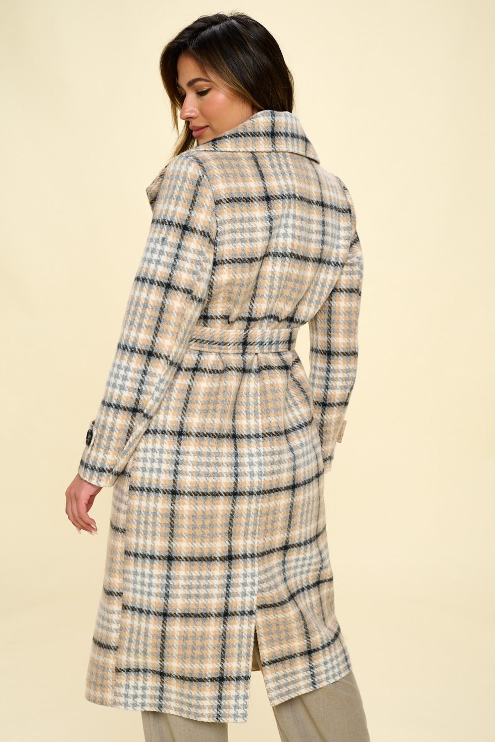 Coalition LA Double-Breasted Plaid Coat with Belt Khaki Multi Women&