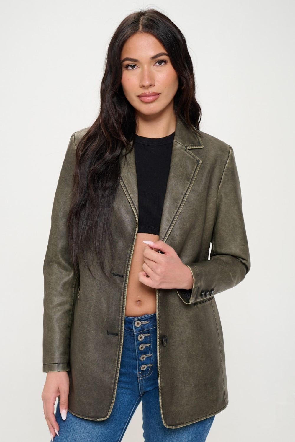 Coalition LA Single-Breasted Vegan Leather Blazer Olive Brown S Women&