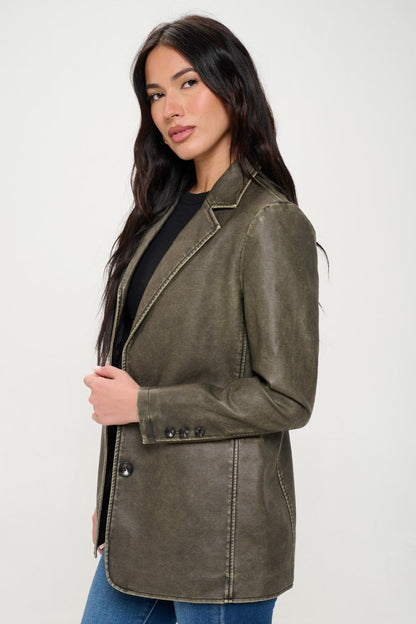 Coalition LA Single-Breasted Vegan Leather Blazer Olive Brown Women&