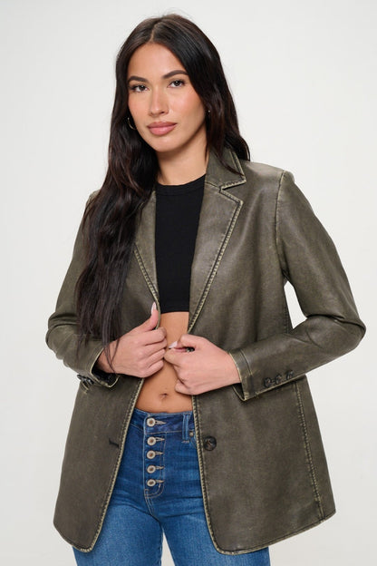 Coalition LA Single-Breasted Vegan Leather Blazer Olive Brown Women&