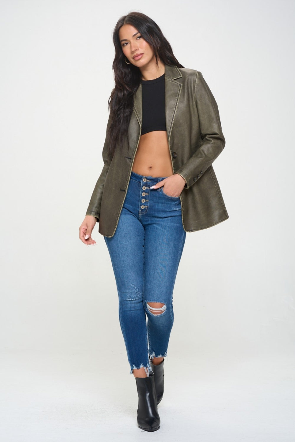 Coalition LA Single-Breasted Vegan Leather Blazer Olive Brown Women&