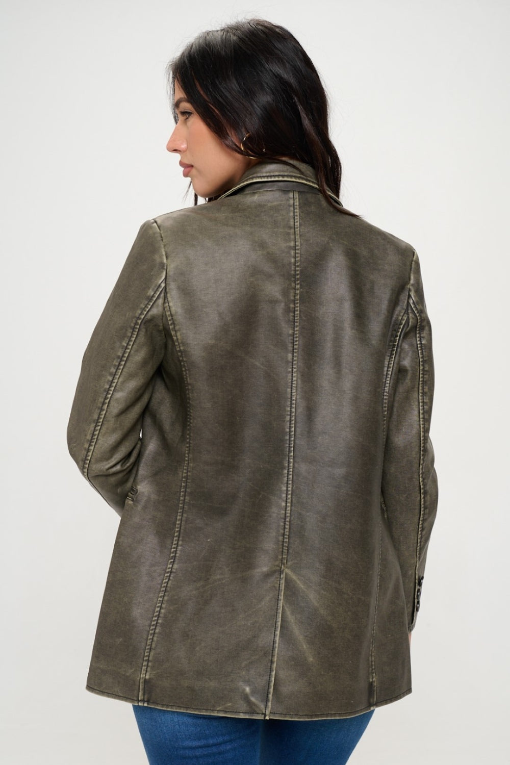 Coalition LA Single-Breasted Vegan Leather Blazer Olive Brown Women&