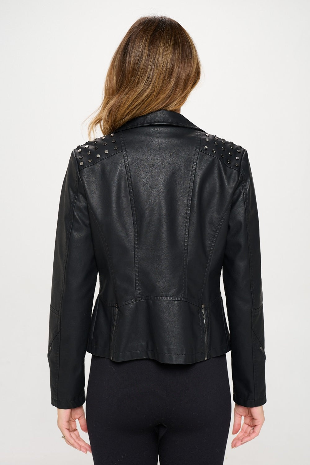 Coalition LA Studded Classic Moto Faux Leather Jacket Black Women&