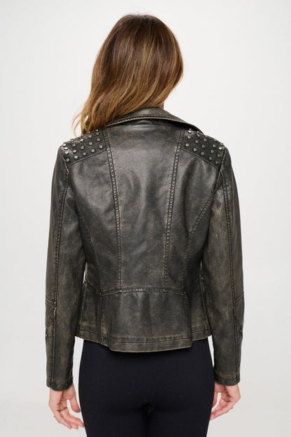 Coalition LA Studded Classic Moto Faux Leather Jacket Brown Women&