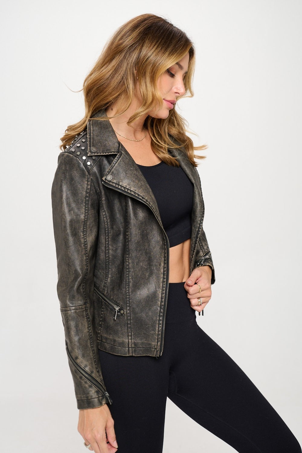 Coalition LA Studded Classic Moto Faux Leather Jacket Brown Women&