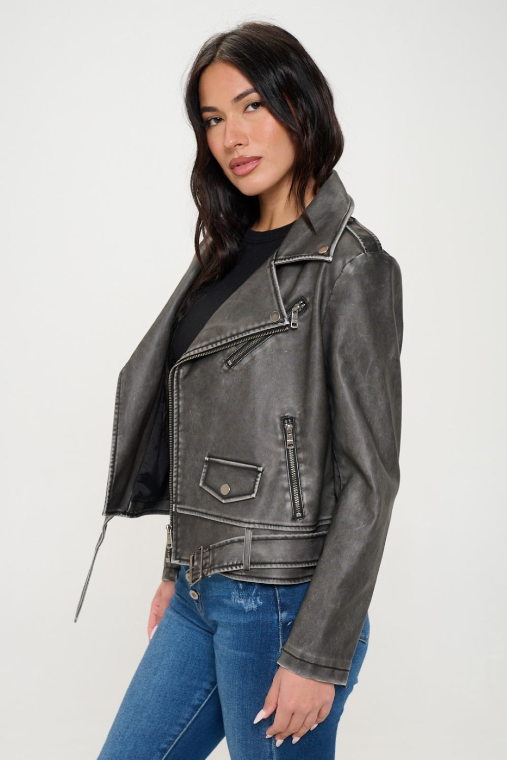 Coalition LA Zip Up Biker Jacket with Belt Black S by Trendsi | Fleurcouture