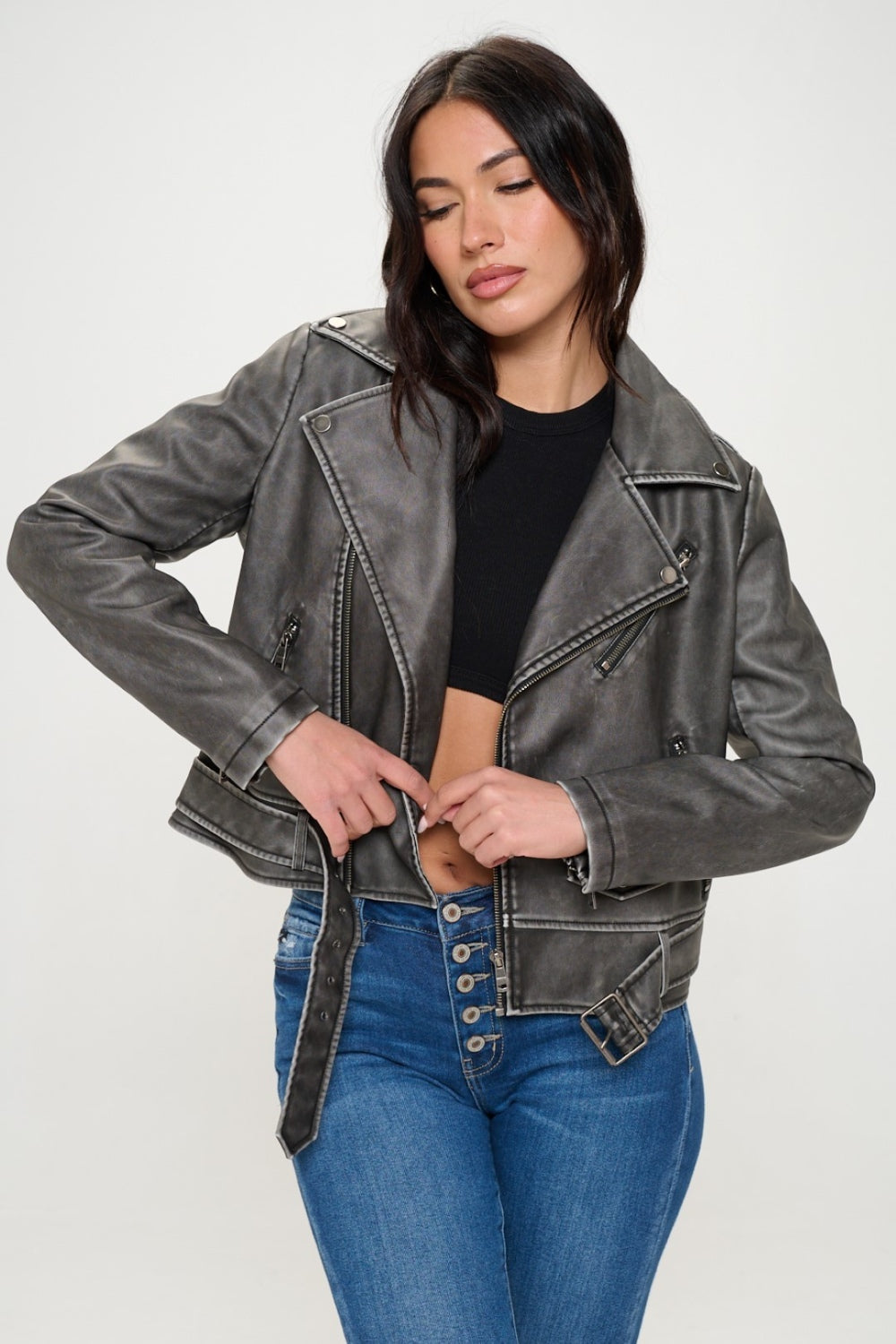 Coalition LA Zip Up Biker Jacket with Belt Black by Trendsi | Fleurcouture