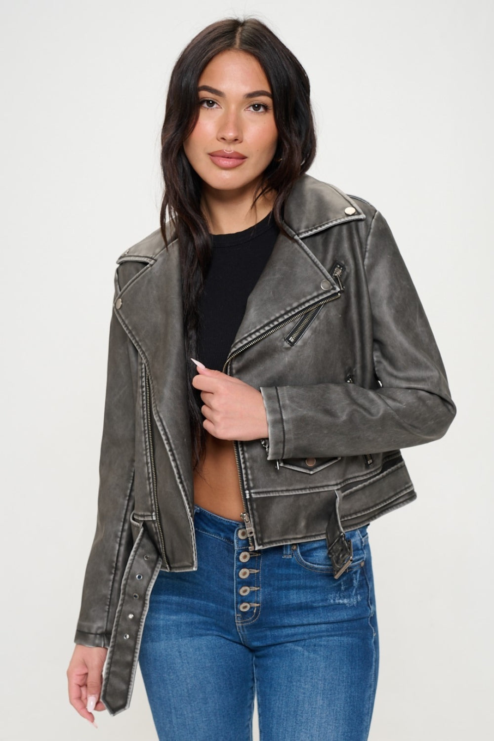 Coalition LA Zip Up Biker Jacket with Belt Black by Trendsi | Fleurcouture