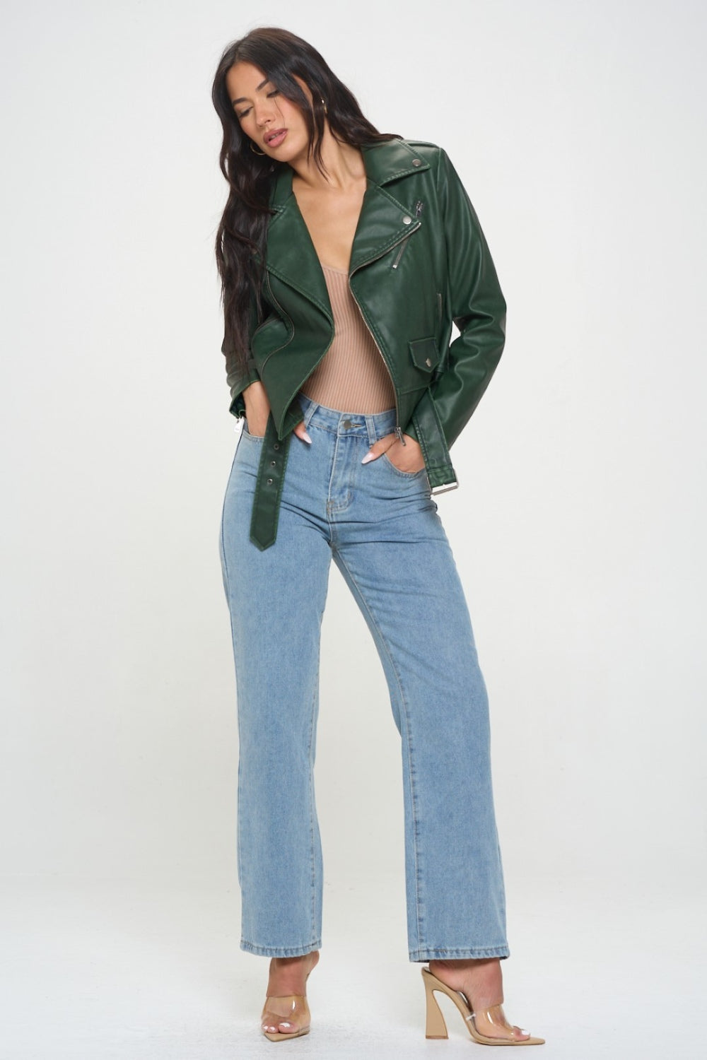 Coalition LA Zip Up Biker Jacket with Belt Green Women&