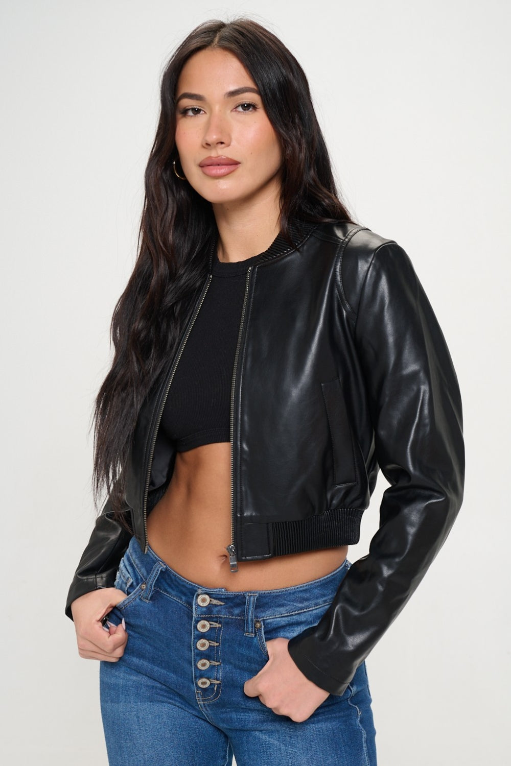 Coalition LA Zip Up Cropped Bomber Jacket Black S Women&