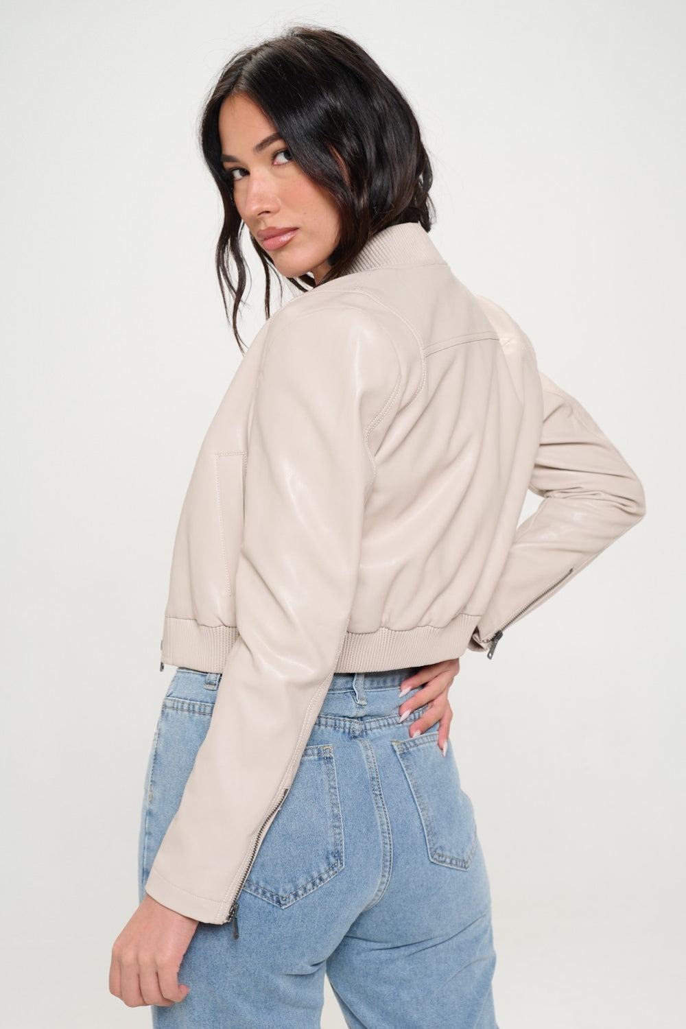 Coalition LA Zip Up Cropped Bomber Jacket Cream Women&