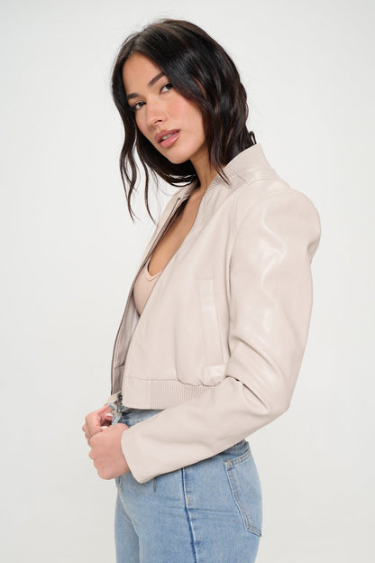 Coalition LA Zip Up Cropped Bomber Jacket Cream Women&