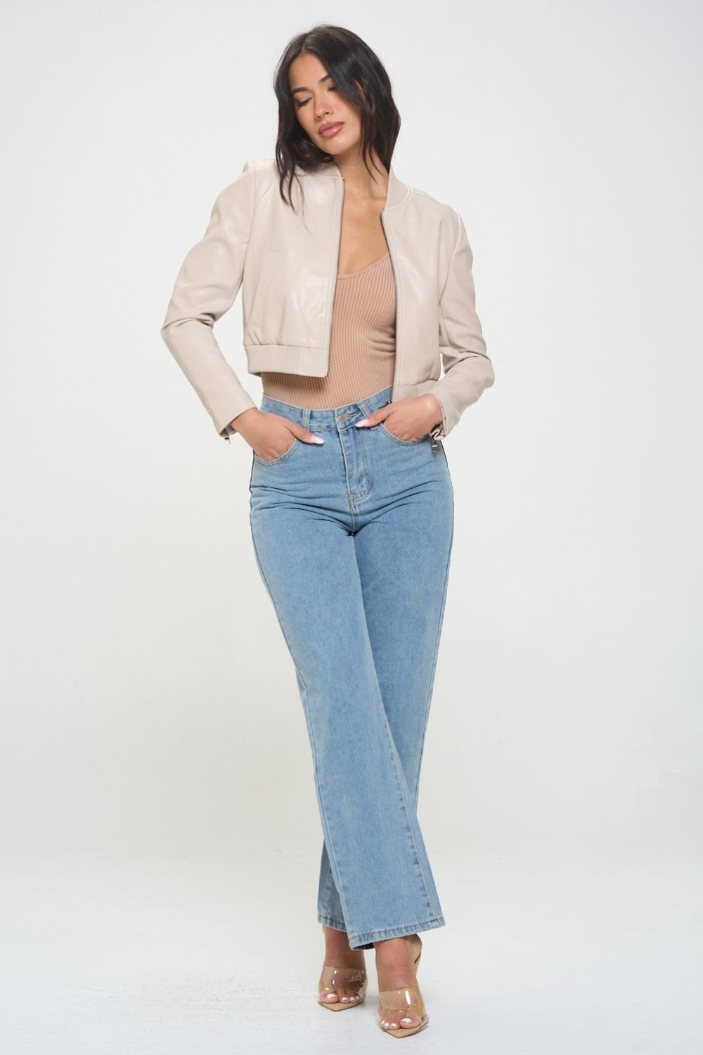 Coalition LA Zip Up Cropped Bomber Jacket Cream Women&