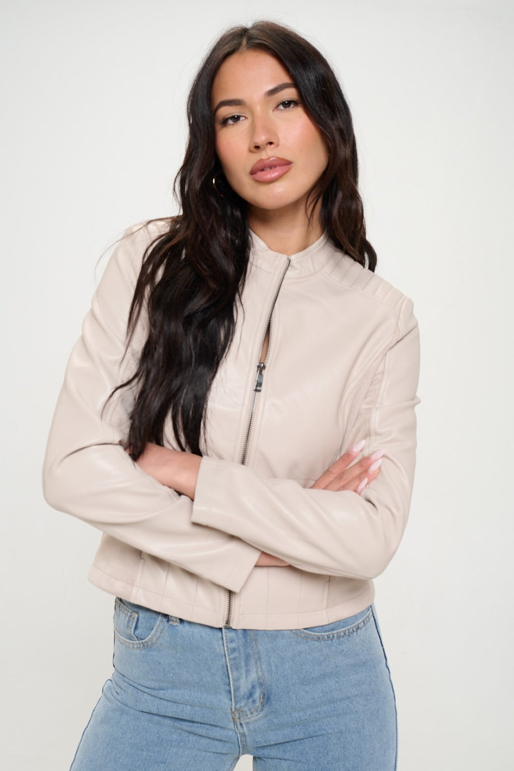 Coalition LA Zip Up Vegan Moto Jacket Cream S Women&